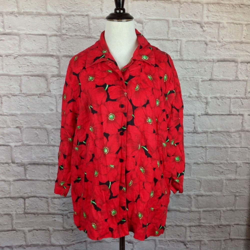Jones New York Top 1X Womens Button Blouse Linen
